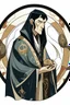 Placeholder: alchemist wearing a robe and black hair in art deco style