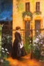 Placeholder: Night, vegetations, flowers, one woman, distant house, mistery, gothic horror films influence, gustave caillebotte, and gustave moreau paintings