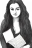 Placeholder: Pencil sketch of Young woman, Arab features,sad, long wavy hair, reading a book, full body، on lined paper