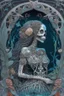 Placeholder: Artwork entitled "Skull Moon Pond Goddess " depicts a partially skeletonized Pond Goddess wearing a gown made from detailed quilling consisting of feathers, foliage, fish scales, flowers, and gemstones appearing inside an archway of quilling growing around her and the skull moon; insanely detailed; quilling; elegant, fantasy, rose tones, beautiful, rapturous