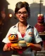 Placeholder: waitress woman with Sesame Street muppet mask-head, concept art, retro style, smooth, unreal engine 5, god lights, ray tracing, RTX, lumen lighting, ultra detail, volumetric lighting, 3d.