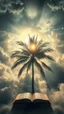 Placeholder: Sun light above swirling clouds, emerges from the heart of a raging storm. Turbulent winds of steam swirl around lit by shafts of sunlight that cast dramatic shadows on the A beautiful book in the middle behind a palm tree , High quality 16k cinematic scene and great photography