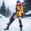 Placeholder: high res cinematic photo by Hajime Yatate: Faye Valentine, clad in her iconic outfit (a yellow short and a yellow latex crop top, under a red bubble sleeveless jacket), stands in the snow of Callisto with furry boots. She points her trusty gun. Amidst the icy winds and swirling snowflakes, Faye's violet hair is an 80s update of the flapper Bob, reflecting the cold beauty of the alien world.