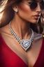 Placeholder: Create a visually stunning and luxurious image of a diamond necklace with a big simetrical heart shape diamond at the center and 3 layers of small round diamonds around it