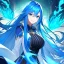 Placeholder: Clear focus, 8k, beautiful lighting, vibrant colors, girl, blue hair, long hair, blue eyes, blue fire magic, smile, angry,