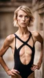 Placeholder: beautiful anorexic woman, total shot, short shiny black triathlon swimsuit, short blond wavy bob hair, blurred concrete background