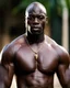 Placeholder: Adewale Akinnuoye-Agbaje as a handsome dark skinned and muscular heavy set man with a bald head and neatly trimmed beard. he is shirtless. he has a gold earing in his left ear. modern setting