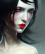 Placeholder: girl, cute, beautiful, white eyes, red lips, black hair with bangs, goth, close up portrait by Greg Rutkowski