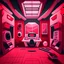 Placeholder: Cartoon futuristic dark red, red, pink, and white space computer room interior