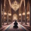 Placeholder: Hyper Realistic man praying in sajda inside a beautifully crafted mosque with fancy walls & pillars, chandeliers & beautiful carpet at night