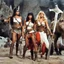 Placeholder: [Jameela Jamil (Tahani Al-Jamil) and Kristen Bell] as barbarian warriors with boots and her battle axe [Jason and the Argonauts (1963)]