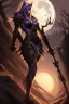 Placeholder: sylvanas windrunner carring the head of a werewolf in a night forest environment light by moonlight jim lee style