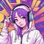 Placeholder: masterpiece, intricate details, a wide angle 2D anime bold line flat colour illustration of a cheerful girl in a high purple hoodie and headphone in hip hop style, dopamine style, overlaying mixed patterns of pop art text and emoji device installations, sharp focus, boy character illustration, beautiful vibrant kuler palette gradient