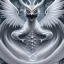 Placeholder: a detailed illustration of a white dragon with owl-like head, a white dragon with white owl head, realistic, detailed, dragon with fairy-like transparent glowing and sparkly wings standing in snow, silver lightning to the edges of the wings, glowing soft and smooth wings, fantasy art, highly detailed, intricate patterns on wings, shiny snowy background, soft studio lighting, foggy shiny smooth background, unreal engine, 64k