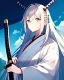 Placeholder: a portrait of an ancient japanese warrior, samurai, white clothes, katana, super detailed, bright colors,