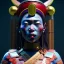 Placeholder: Maya woman, rounded face, blood, lines, black, red, blue, silver, samurai helmet, decorative color feathers, retro, bamboo, leather, soft color, highly detailed, art stations, concept art, smooth, unreal engine 5, god rays, ray tracing, RTX, lumen lighting, ultra detail, volumetric lighting, 3d, finely drawn, high definition, high resolution.