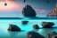 Placeholder: exoplanet in the horizon, big stones, lagoon, cliff, science fiction, epic scene.