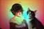 Placeholder: black light art, neon lines, contented brunette woman with fluffy kitten seeking something in the distance