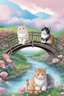 Placeholder: in the center: beautiful chunky cats dancing on a bridge , background: landscape, first plan: pink flowers and a small river with blue water, sky: black clouds