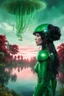 Placeholder: Photorealistic Photo Of A long black-haired woman in a green robot suit, Looking Out Over A Lake With jellyfish with red Tentacles, Tall Narrow Cloud Trees In The distance with an alien sky