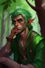 Placeholder: Male elf, rogue, brown skin, bright green eyes, mauve hair, sneaky, trees, stoner, long bow, black leather straps, disheveled, smoking weed