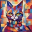 Placeholder: El gato con botas con cara de malo con colores vibrantes, fondo difuminado al estilo del cubismo