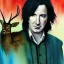 Placeholder: high-quality, fine-detail close-up watercolor of young Alan Rickman as Severus Snape with iridescent deer in foreground, 8k, intricate, photoillustration, artwork, volumetric lighting, deviantart