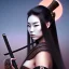 Placeholder: black long hairs lady samurai top under sunset