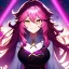 Placeholder: Clear focus, 8k, beautiful lighting, vibrant colors, girl, pink long hair, vibrant golden eyes, messy hair, hair in between the eyes, angry, smile,