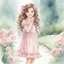 Placeholder: watercolor, full body, cute smile girl, curly hair, big eyes, long brown hair, pink dress, pink shoes, white backgrownd