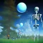 Placeholder: The Skeleton and the Grim Reaper on bubble world, discussing the future of the universe, art by Magritte and Pixar