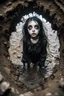 Placeholder: Closeup petit Girl goth with big eyes, fullbody, ragged clothes, extended like roots, the perspective looking up from the bottom of an empty well , midle underwater and mud 8k,macro photography,