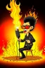 Placeholder: Firestarter animateur radio hardrock with a microphone. Seems angry. Flames all around