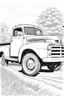 Placeholder: outline art for an adults coloring page, A Classic Pickup Truck on a Countryside Road , white background,detailed sketch style,no color , only use outline, clean art , white background, no shadows and clear well outlined,