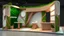 Placeholder: Corner exhibition stand in light colors with wood elements and greenery with two meeting areas