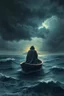 Placeholder: Hyperrealistic illustration of boat in it a hooded man floating on the surface of a vast ocean, with waves gently lapping against it. The sky is dark and stormy, with heavy, ominous clouds swirling above. In the distance, a small island glows softly, surrounded by a faint golden halo, contrasting with the dramatic, turbulent atmosphere. The overall scene should be moody and surreal, with intricate textures on the chess piece to highlight its grandeur and mystery.