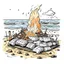 Placeholder: A beach bonfire with marshmallows roasting, cozy, festive, warm firelight, T-shirt design graphic, vector, contour, white background