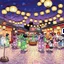 Placeholder: Create a book cover for "Cozy Japan Coloring Book" featuring a joyful Bon Odori festival scene as the central focus. Graceful dancers in colorful yukata perform traditional movements in a circle under strings of glowing paper lanterns. The scene takes place at twilight in a charming village square, with wooden stalls, fluttering festival flags, and curious children holding sparklers nearby. A taiko drum sits at the center of the dance ring, while soft lantern light reflects on the cobblestone gr