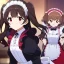 Placeholder: Clear focus, High resolution, Rough line, cute, anime style, red eyes, sparkling eyes, brown hair, red eyes, wearing a maid outfit, long twin tails, long bangs, anime screencap, choppy long bangs