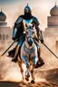 Placeholder: Arab cyborg warrior Full Body Full Armored helmet,Wearing Face Mask Iron Masculine Mysterious Powerful Fantasy High Quality clothes,driving on horse,islamic city background