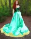 Placeholder: princess with long auburn hair green eyes wearing a big teal green and gold satin ballgown corset off shoulder top casting magic full body and head