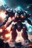 Placeholder: futuristic juggernaut with dual plasma battle axe and 4 space battleship, fighting in brutal battlefield