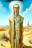 Placeholder: portrait of tall god looks like human but 4 times bigger than normal humans with shining eyes in full clothes, clothes like Arabs in desert. Their face is covered in white shall. by Dali.