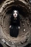 Placeholder: Closeup tall Girl goth with big eyes, ragged clothes, fullbody, crushed inside, claustrophobic, the perspective looking up from the bottom of an empty well , 8k,macro photography,