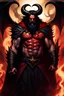 Placeholder: old man, black beard, no faced, shadows on face, muscle, skin red , red body, black goat horns, black bat wings, long black haired, devil appearance, satan, belsebuth, asmodeus, pethagram, diabolic scars, black old armor, golden necklace cross, cape, throne, hell fire, darkness background.