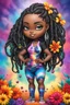 Placeholder: Create an airbrush image of a chibi black curvy female wearing a tie dye yoga outfit. Prominent make up with hazel eyes. Highly detail asymmetrical dread locs. background of colorful large flowers 2k