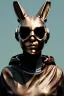 Placeholder: Medium Close Up Portrait, Front image. cyberpunk, rabbit mask, teenager, asian woman, cyber helmet head. Bronze dress. Yellow, black, color. Mad max style. renaissance ornaments, Color background, photo studio. Front image, highly detailed, concept art, smooth, unreal engine 5, ray tracing, RTX, lumen lighting, ultra detail, volumetric lighting, 3d, finely drawn, high definition, high resolution.