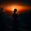 Placeholder: dark night, watching a woman from behind wearing a sleeveless dress who is watching a beautiful orange sunrise in the distance, mountains and forests around, photo quality