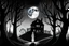 Placeholder: scene, horizontal black and white, forest fog, superbig full moon, moon is a center of image, tim burton character, woman wiht cape and hood, woman stand up on spiral rock, face woman sad, super big eyes, circles eyes, background old house, high house many rooms