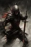 Placeholder: A formidable warrior man in black armor defends herself with a shiny sword, a fabulous scary hero, juicy emotions, painting, gloomy fantasy, gloomy day, dark world,, without a background, oil and graphite, wide strokes, a weaving frame around, by Ryohei Hase, Agnes Cecile, Raymond Swanland, Anne Bachelier